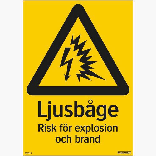 Skylt Ljusbåge risk för explosion och brand