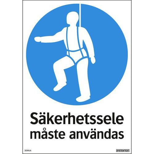 Påbudsskylt med SE text - Säkerhetssele måste användas