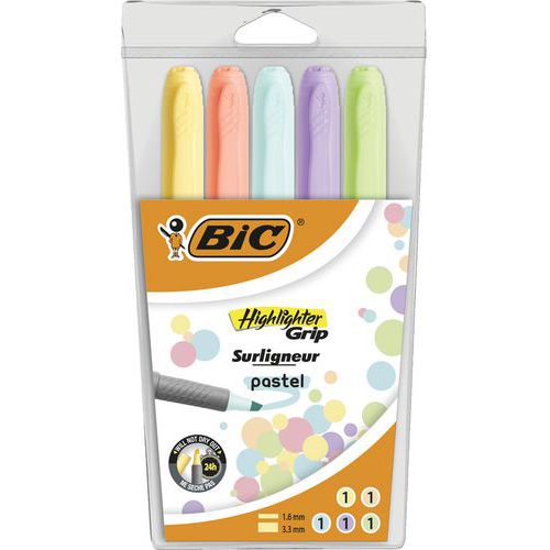 Överstrykningspenna Highlighter Grip - pastell - ficka 5 färger- BIC