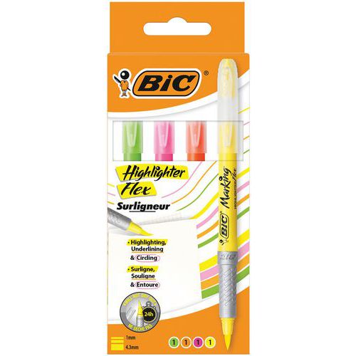 Överstr. penna BIC Highlighter Grip Flex - Bland. färger - Ficka om 4